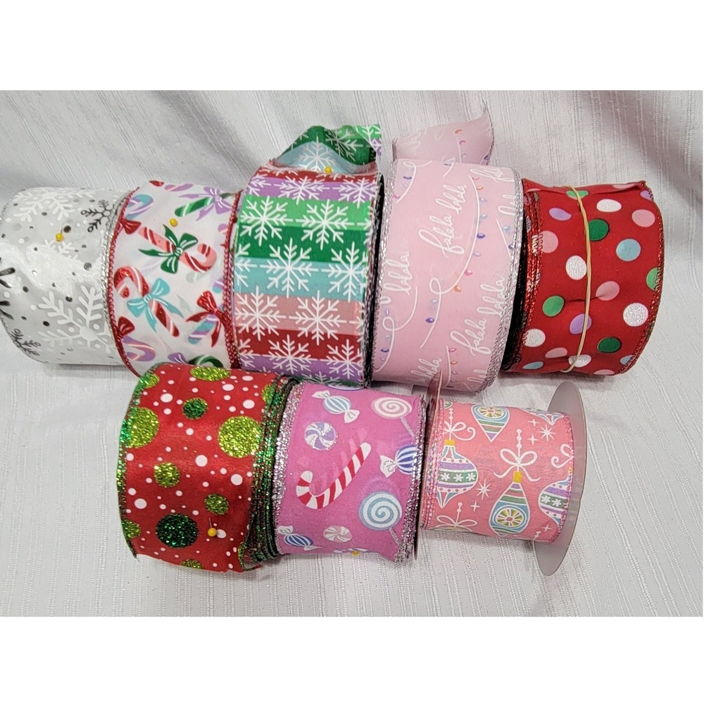 Christmas Wired Ribbons Snowflakes Candy Canes Glitter Holiday Crafting Lot of 8